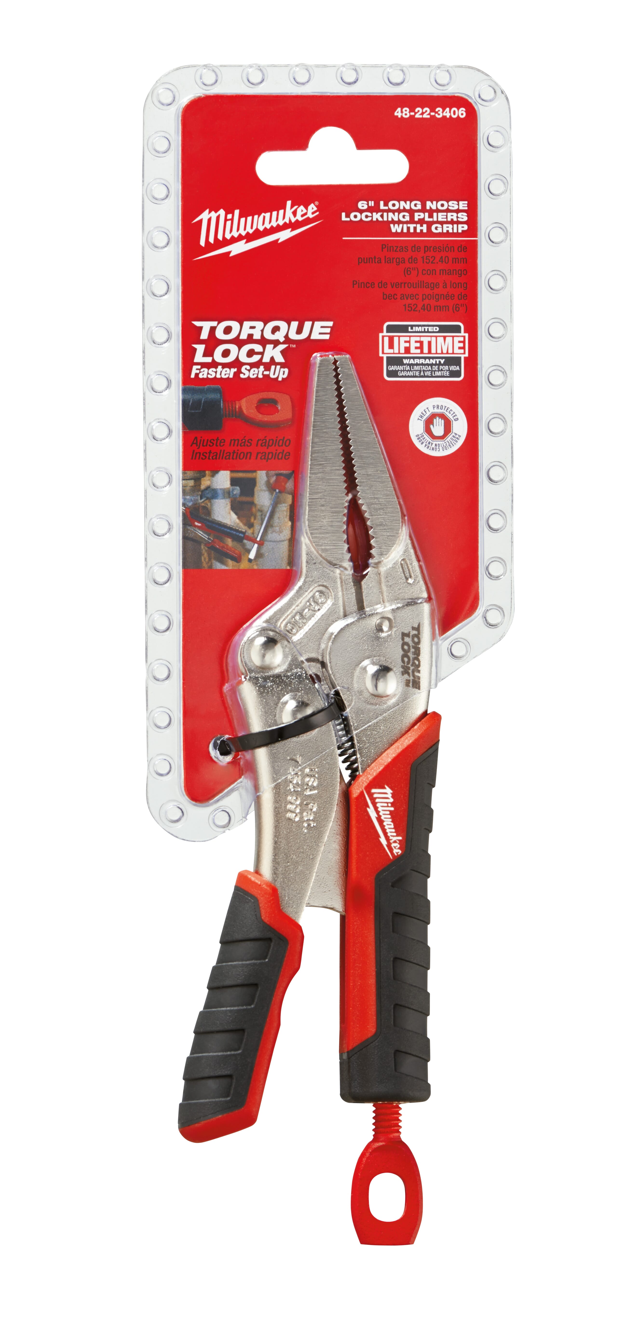 Milwaukee® TORQUE LOCK™ 48-22-3406 1-Handed Lever Locking Plier, 2-13/32 in Nominal, 1-45/64 in L x 3/16 in W x 3/16 in THK Alloy Steel Long Nose Curved Jaw, 6 in OAL